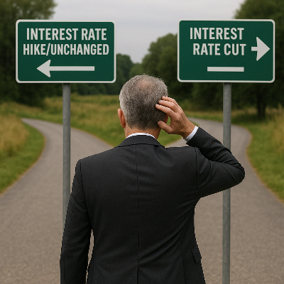 갈림길에 선 연준(Fed) 의장 이미지. 한쪽 길은 금리 인상/유지, 다른 길은 금리 인하 표지판과 함께 고민하는 모습