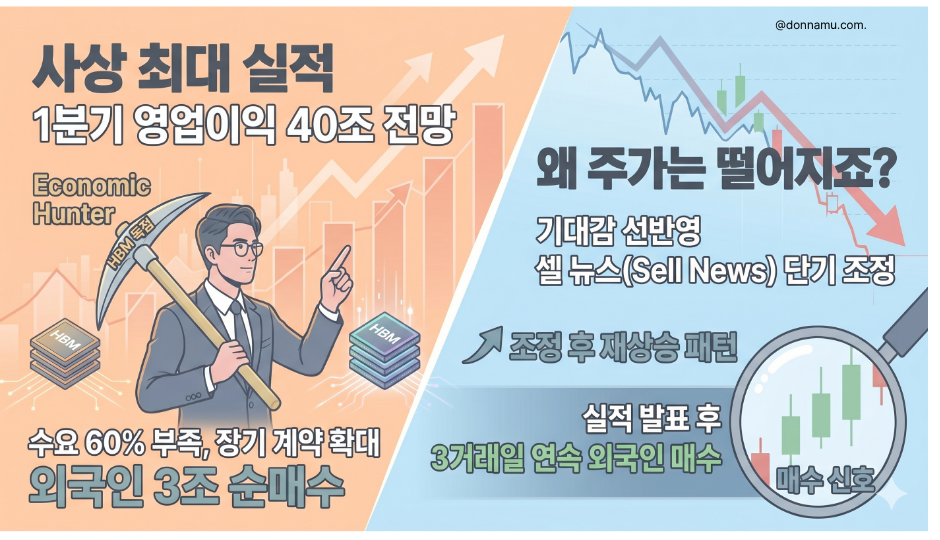 SK하이닉스 1분기 영업이익 40조 원 전망과 실적 발표 후 주가 변동 패턴을 분석한 블로그 Header 이미지. 왼쪽은 상승하는 그래프와 'HBM 독점' 곡괭이를 든 '경제 사냥꾼' 캐릭터가 '사상 최대 실적'과 '외국인 3조 순매수'를 설명하고 있으며, 오른쪽은 하락하는 주가 차트와 '왜 주가는 떨어지죠?'라는 질문이 있다. 아래쪽은 '실적 발표 후 3거래일 연속 외국인 매수'가 '매수 신호'임을 강조하는 candlestick 차트로 구성됨.
