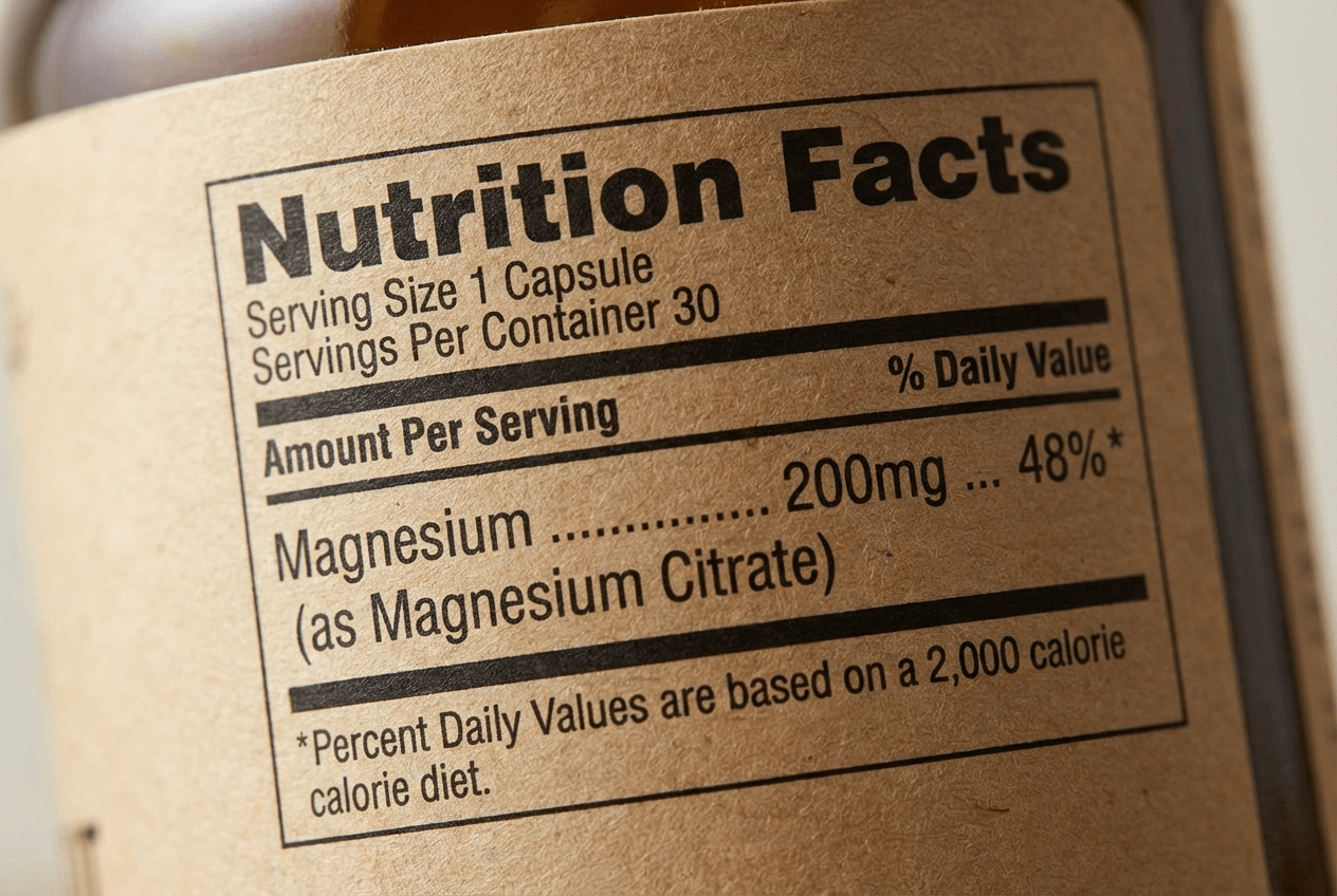 마그네슘 제품 라벨의 원소 마그네슘 함량 표기 부분을 클로즈업한 장면