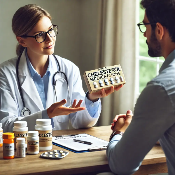 의사가 고지혈증 약 종류와 선택 기준을 환자에게 설명하는 상담 장면