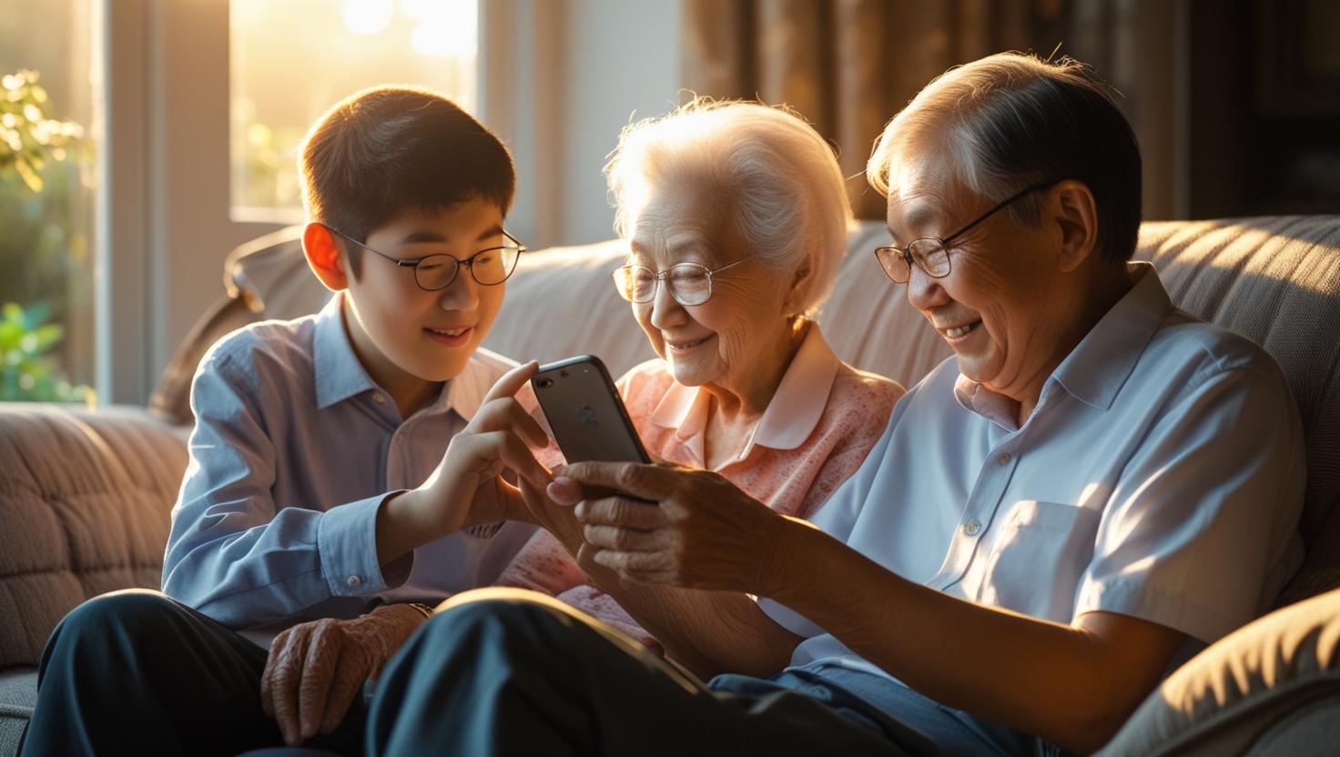 손주가 할머니할아버지에게 스마트폰을 알려주는 모습