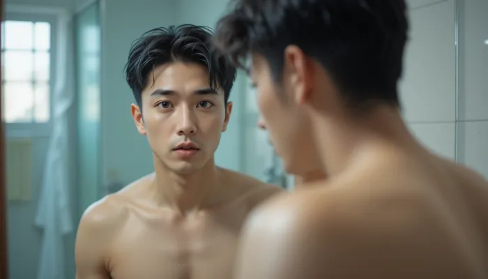 욕실 거울 앞에서 탈모 상태를 확인하는 남성