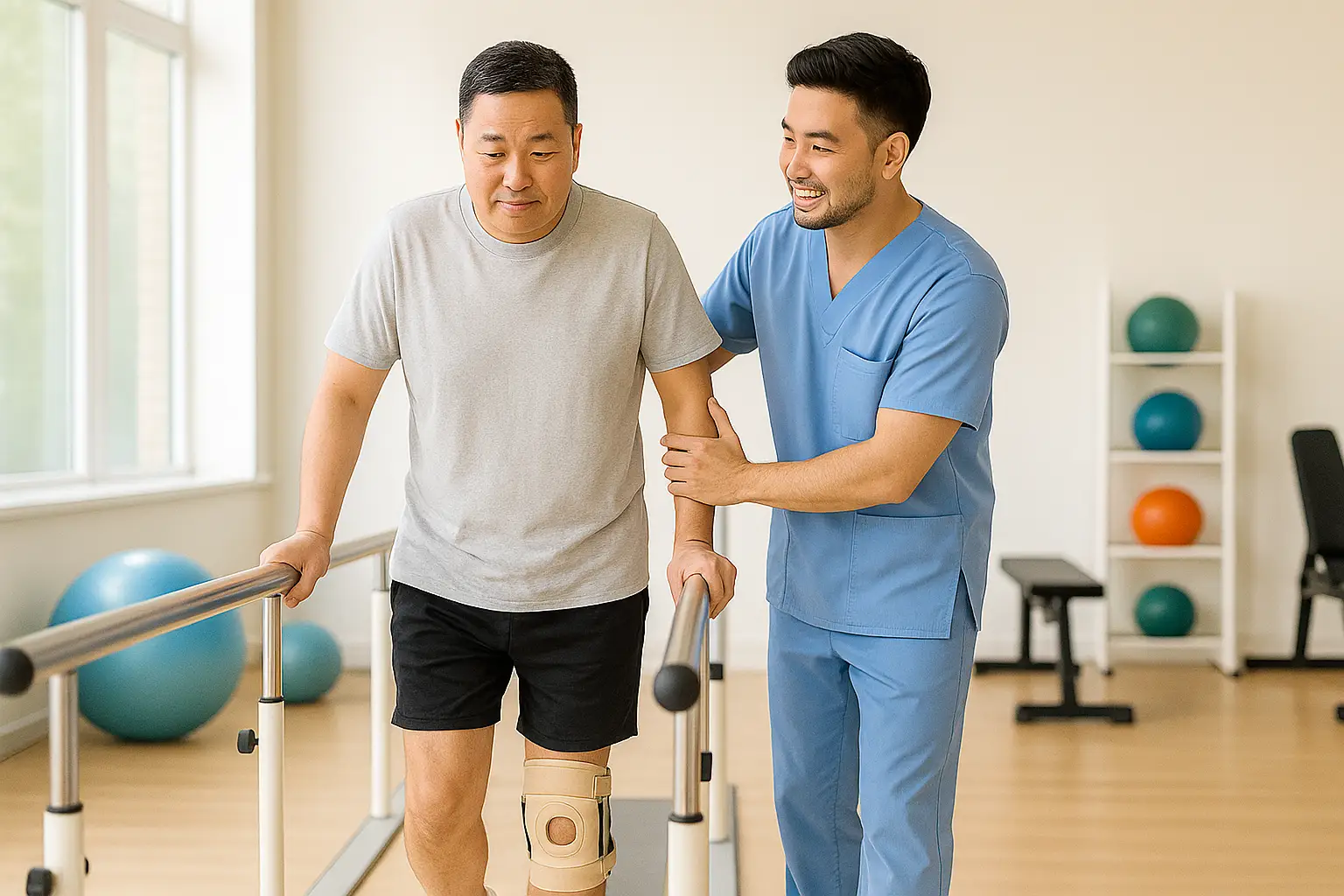 무릎 수술 후 재활하는 환자, 물리치료실에서 걷기 재활 훈련