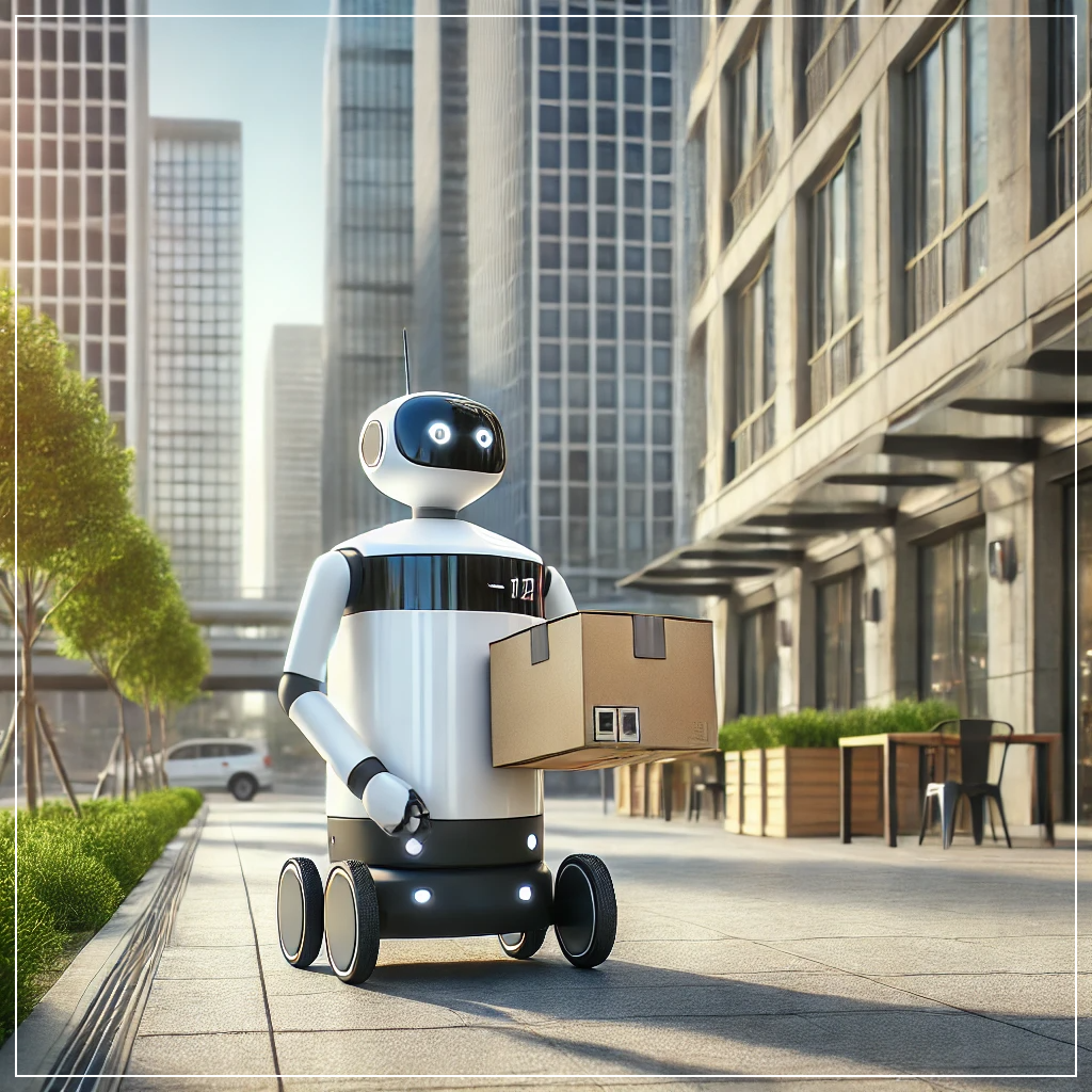 도심 거리에서 소형 패키지를 운반하는 AI 기반 자율 배송 로봇의 모습