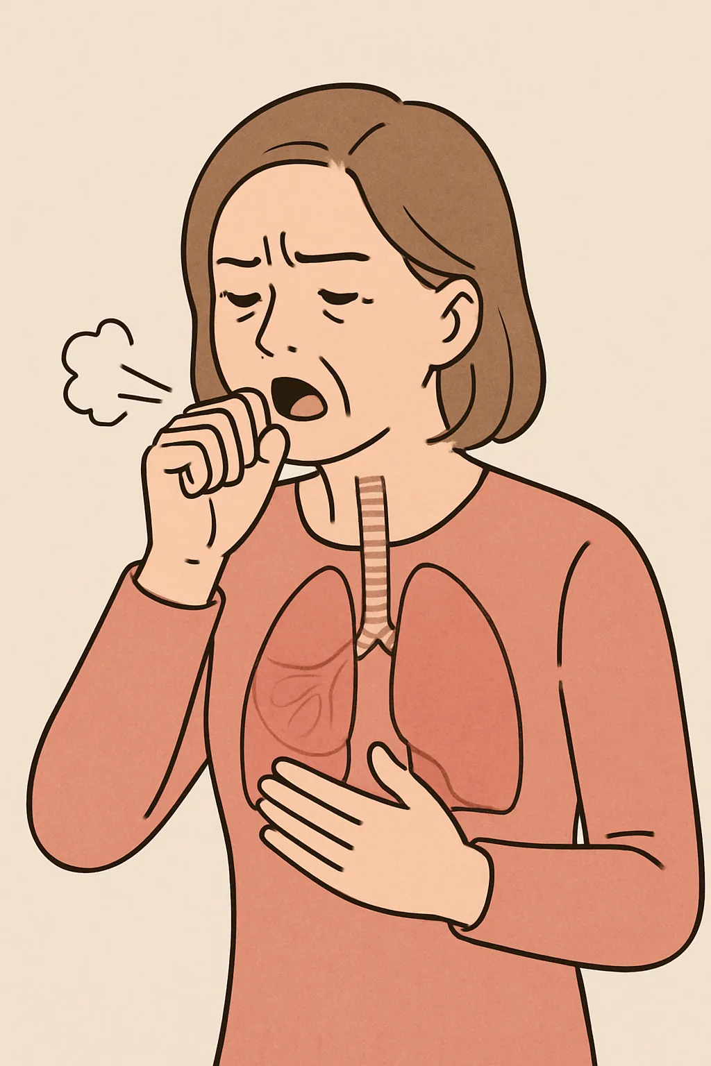 헛기침을-자주-하는-여성과-기관지-및-폐-구조를-나타내는-일러스트