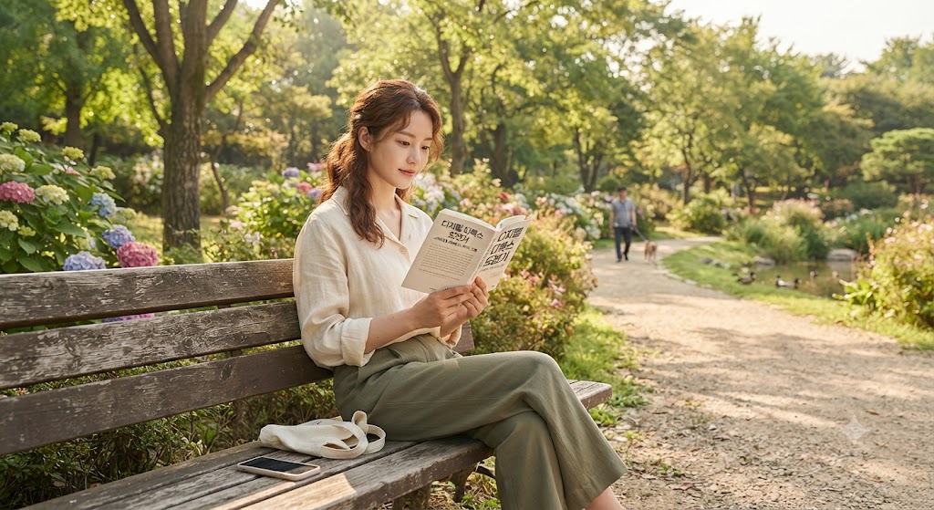 푸른 나무가 우거진 평화로운 공원 벤치에 앉아 '디지털 디톡스 도전기'라는 제목의 책을 읽고 있는 여성의 모습. 주변에는 꽃들이 피어 있고, 뒤쪽 산책로에는 반려견과 함께 산책하는 사람이 보인다.