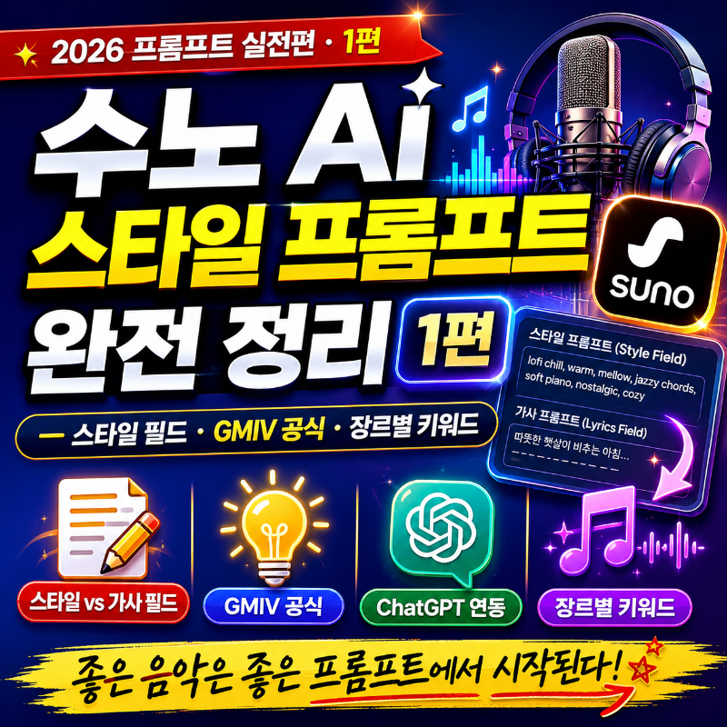 alt="수노 AI 스타일 프롬프트 완전 정리 1편 대표 썸네일 이미지"