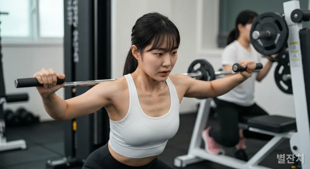 밝고 깔끔한 체육관에서 집중하며 근력 운동을 하는 젊은 한국인 여성 운동선수