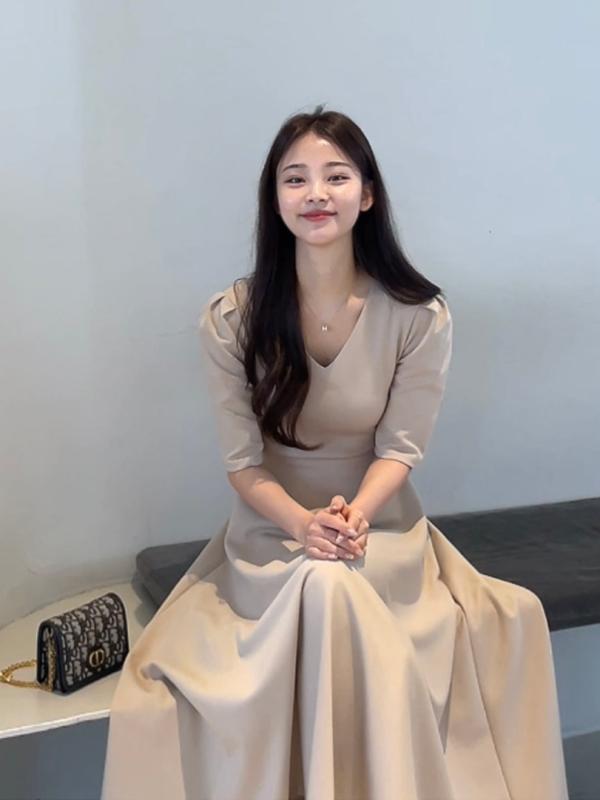 고급 브이넥 퍼프 반팔 롱 하객원피스