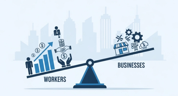 최저임금 인상이 근로자의 소득과 기업의 부담 사이에서 균형을 맞추는 경제적 저울의 모습