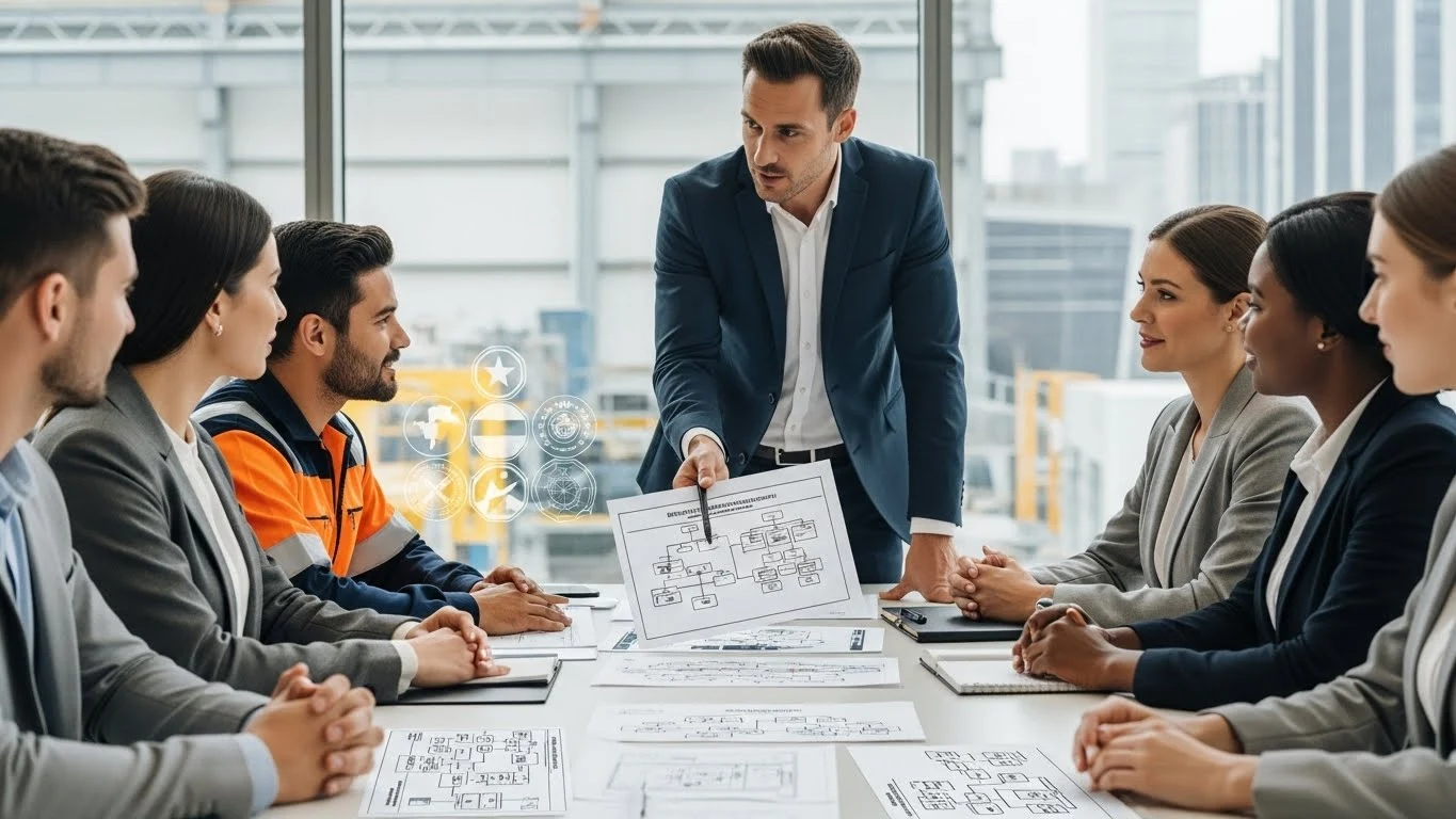 전문 컨설턴트가 기업 직원들에게 안전보건관리체계 구축 방안을 설명하며 정부지원으로 중대재해를 예방하고 기업을 진단하는 모습을 보여주는 이미지