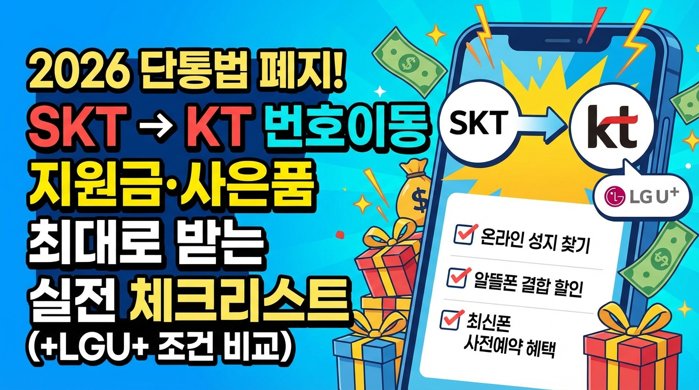 메타 150자: 2026년 단통법 폐지 이후 SKT&rarr;KT 번호이동 지원금&middot;사은품 최대로 받는 7단계 체크리스트. 전환지원금 최대 50만원, 유통점 추가지원 협상법, LGU+ 비교, 함정 12가지, 견적서 필수 문장까지 총정리.