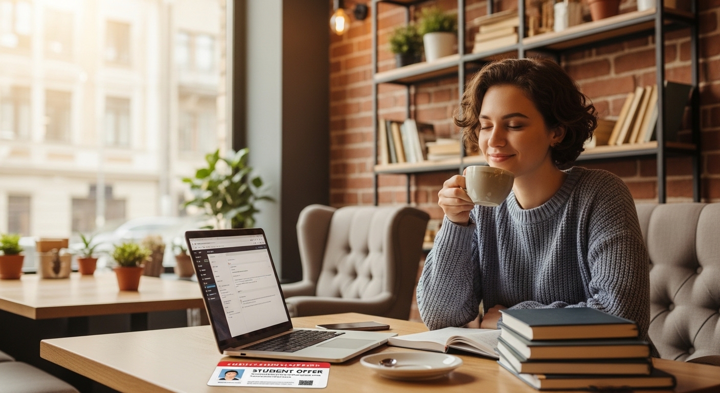 수험생 할인 혜택으로 음료를 마시며 편안하게 휴식을 취하는 학생의 모습. 아늑한 카페 분위기.