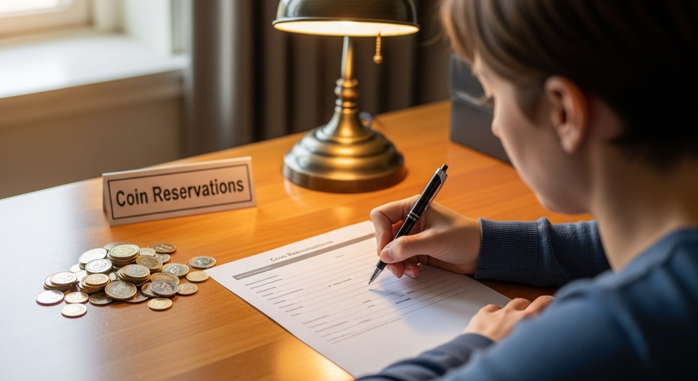 책상 위에서 기념주화 예약 신청서를 작성하는 사람과 옆에 놓인 동전들