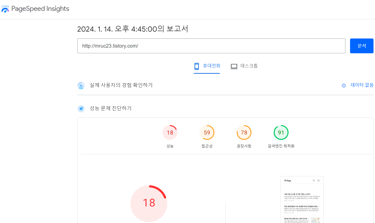Google PageSpeed Insights 티스토리 평가 점수
