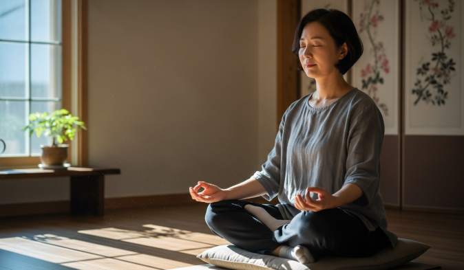 명상을 하면서 고독을 즐기는 중년 여성