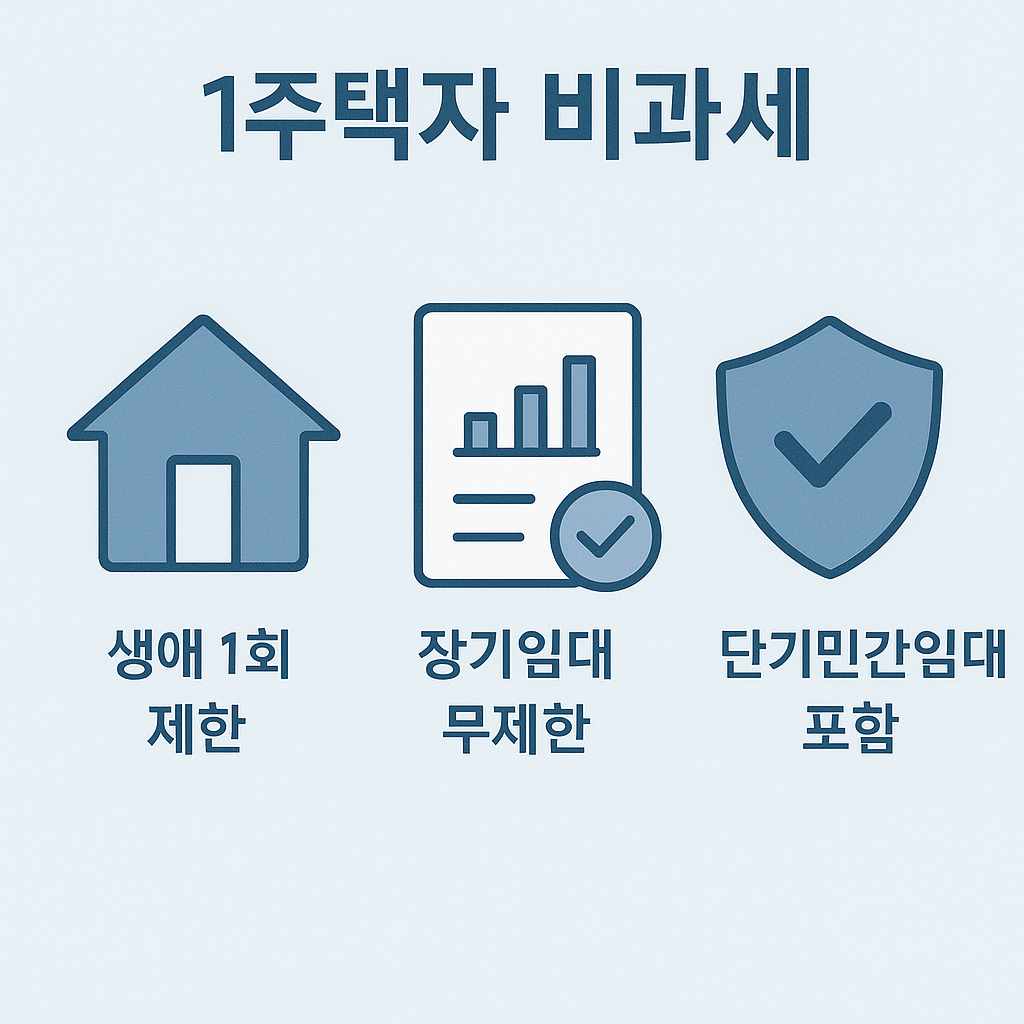 1주택자의 생애 1회 비과세, 장기임대 무제한, 단기민간임대 포함 등 부동산 매매 절세 조건을 시각적으로 정리한 인포그래픽입니다