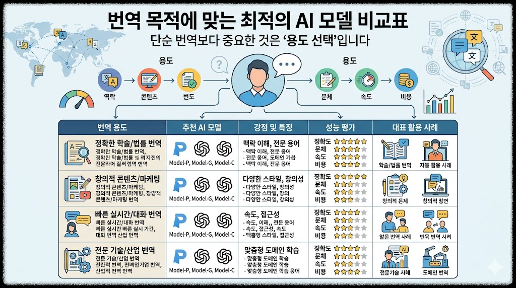 사용자의 번역 목적에 맞는 최적의 AI 모델 비교표 작성하기 : 단순 번역보다 중요한 것은 &lsquo;용도 선택