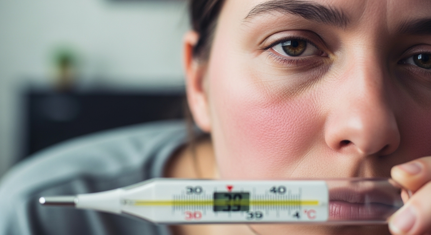 39도를 가리키는 체온계와 힘든 표정으로 열이 나는 사람의 얼굴 클로즈업. 독감 초기 고열 증상을 나타낸다.