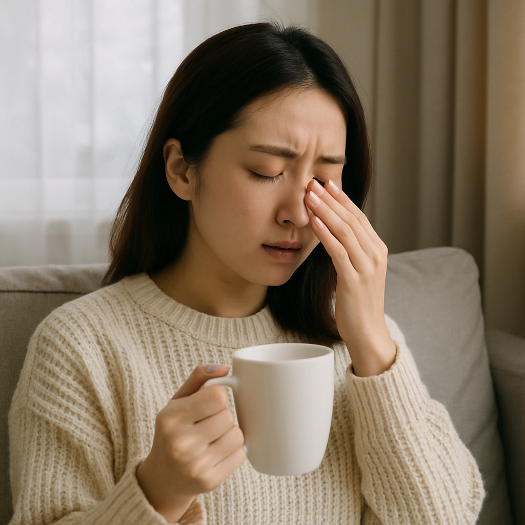 호흡기 질환으로 불편한 표정으로 거실에 앉아 컵을 들고있는 여성, 실사형 이미지