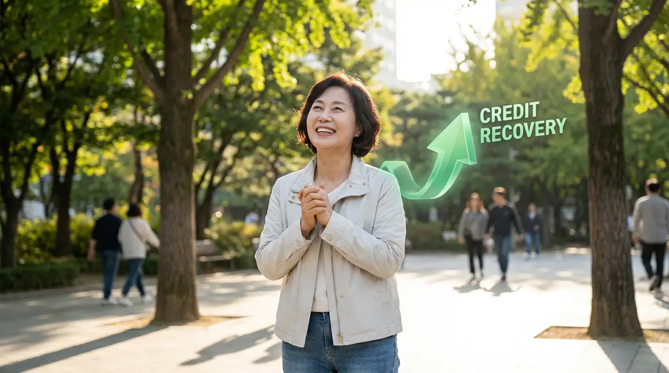 성실하게 상환을 마친 후 신용 점수가 회복되어 웃고 있는 사람과 밝은 미래를 상징하는 이미지