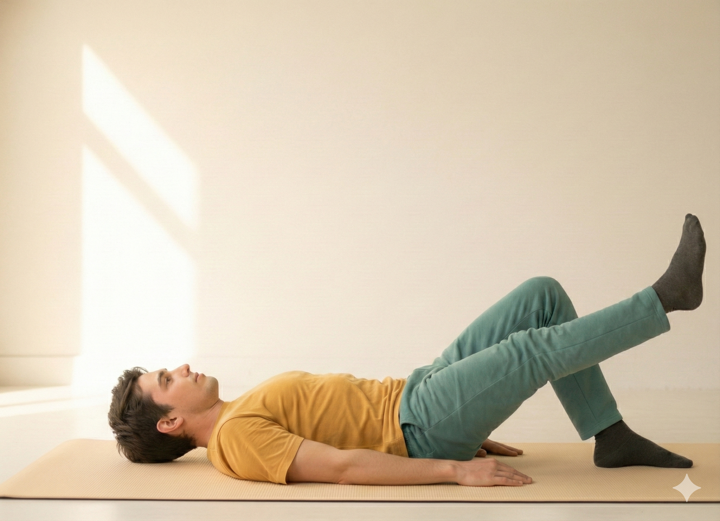 바닥에 똑바로 누워 한쪽 무릎은 세우고, 반대쪽 다리는 펴서 바닥에서 15~20cm 정도 들어 올립니다.