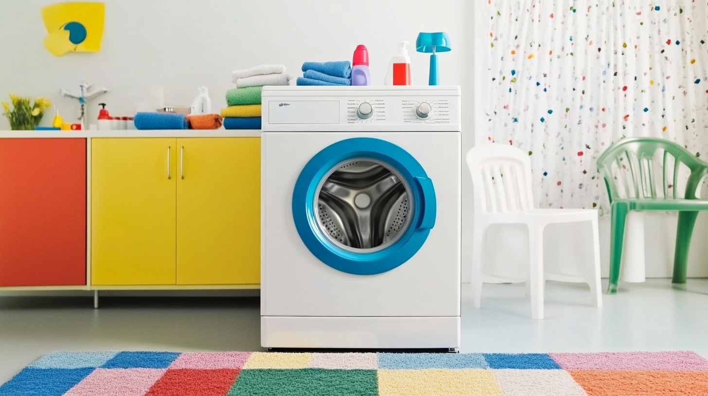 잘 정돈된 공간에서 대용량 세탁기를 특징으로 하는 가족 친화적인 세탁실 디자인