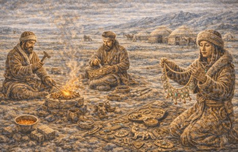 카자흐 대초원에서 고대 장인들이 청동을 녹여 장신구를 제작하는 모습
