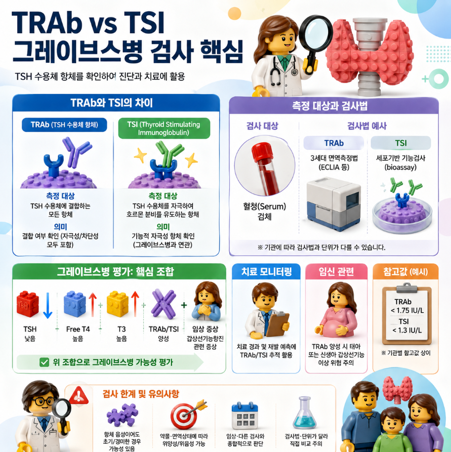 TRAb와 TSI의 차이, 그레이브스병 평가와 TSH 수용체 항체 검사 핵심을 설명하는 레고 스타일 메디컬 인포그래픽