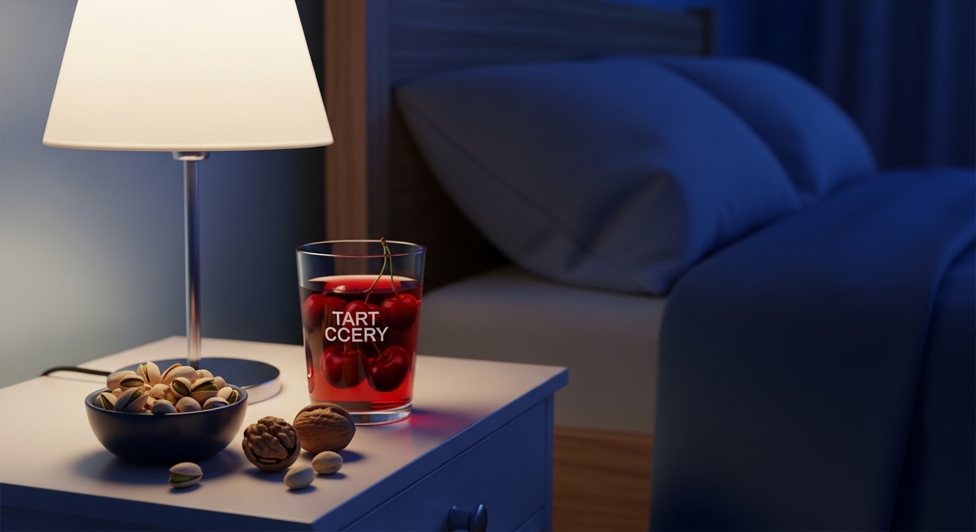 아늑한 침실의 침대 옆 탁자에 타트체리 주스, 피스타치오, 호두가 놓여 있는 모습.