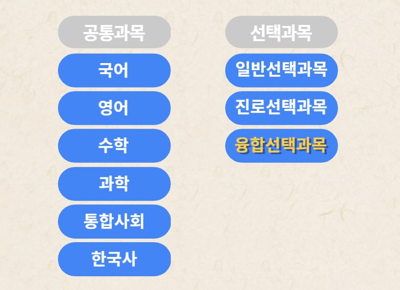 고교학점제 하의 교과과목에 대해 설명하는 이미지로 기존과정에 융합선택과목이 추가되었습니다.