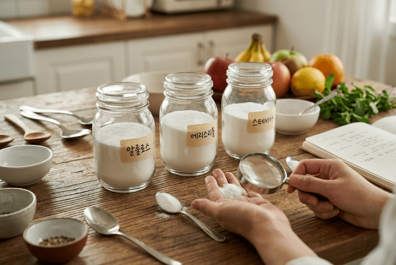 대체당 부작용을 줄이기 위해 알룰로스 에리스리톨 스테비아 3종을 비교 체크하는 이미지