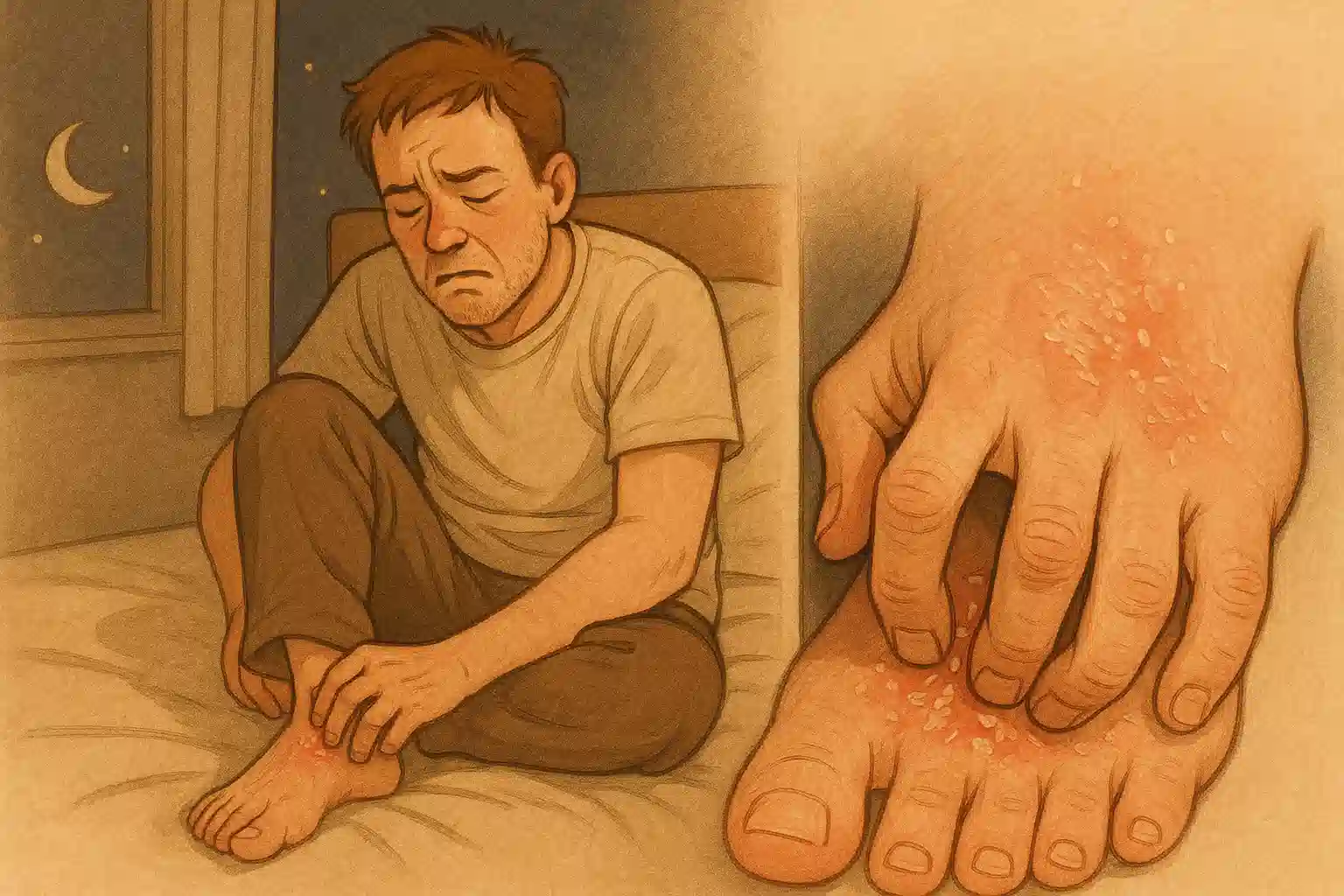 침대에 앉아 발등을 긁으며 불편해하는 사람, 하얗게 각질이 일어나고 붉어진 발등 피부