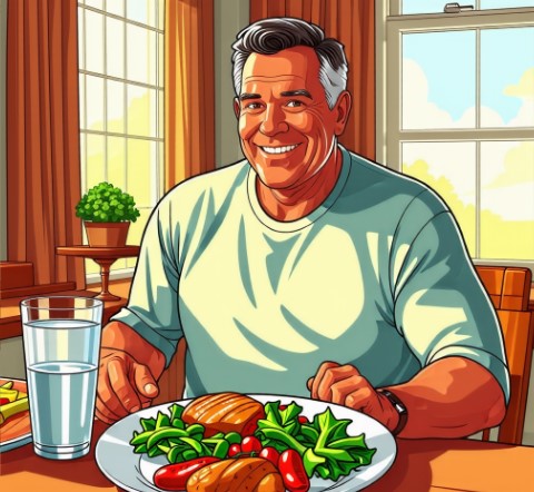 혈압관리를 위해 한 남성이 아침에 식사를 천천히 하고 있는 모습입니다.