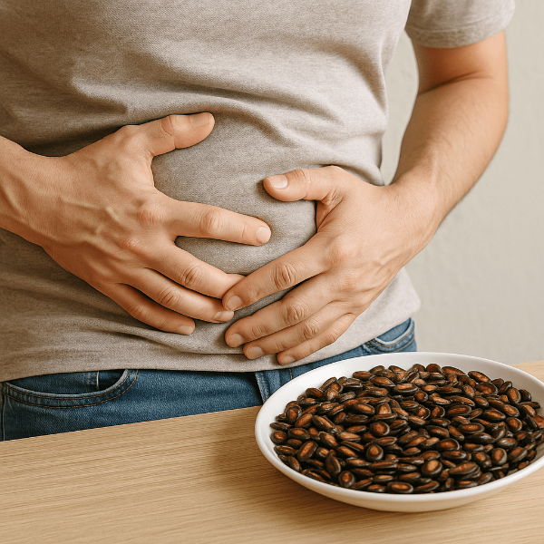 수박씨 과다 섭취로 복부 팽만을 느끼는 장면