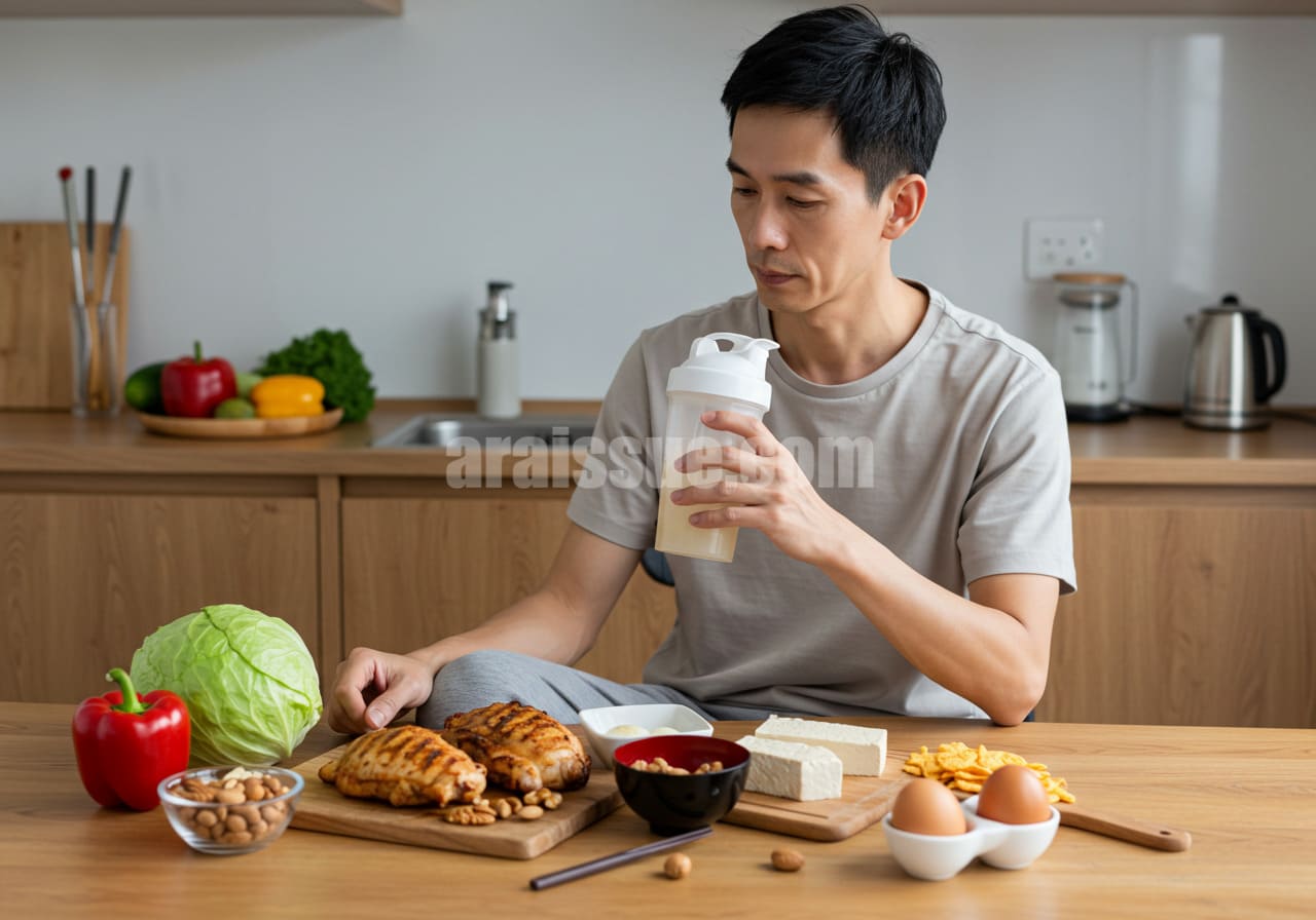 마른 남성이 고단백 영양 간식을 섭취하는 모습, 근육 유지를 위한 단백질 섭취 강조"