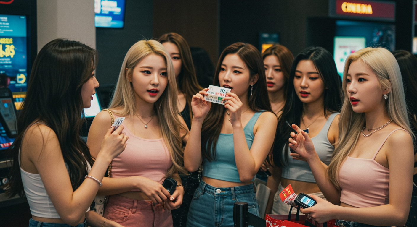 영화관에서 표를 자랑하는 여성들