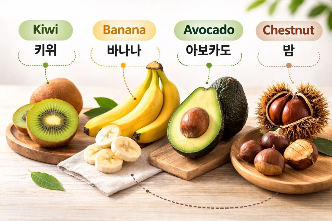 키위&middot;바나나&middot;아보카도를 함께 보여주는 라텍스-과일 교차반응 예시 이미지