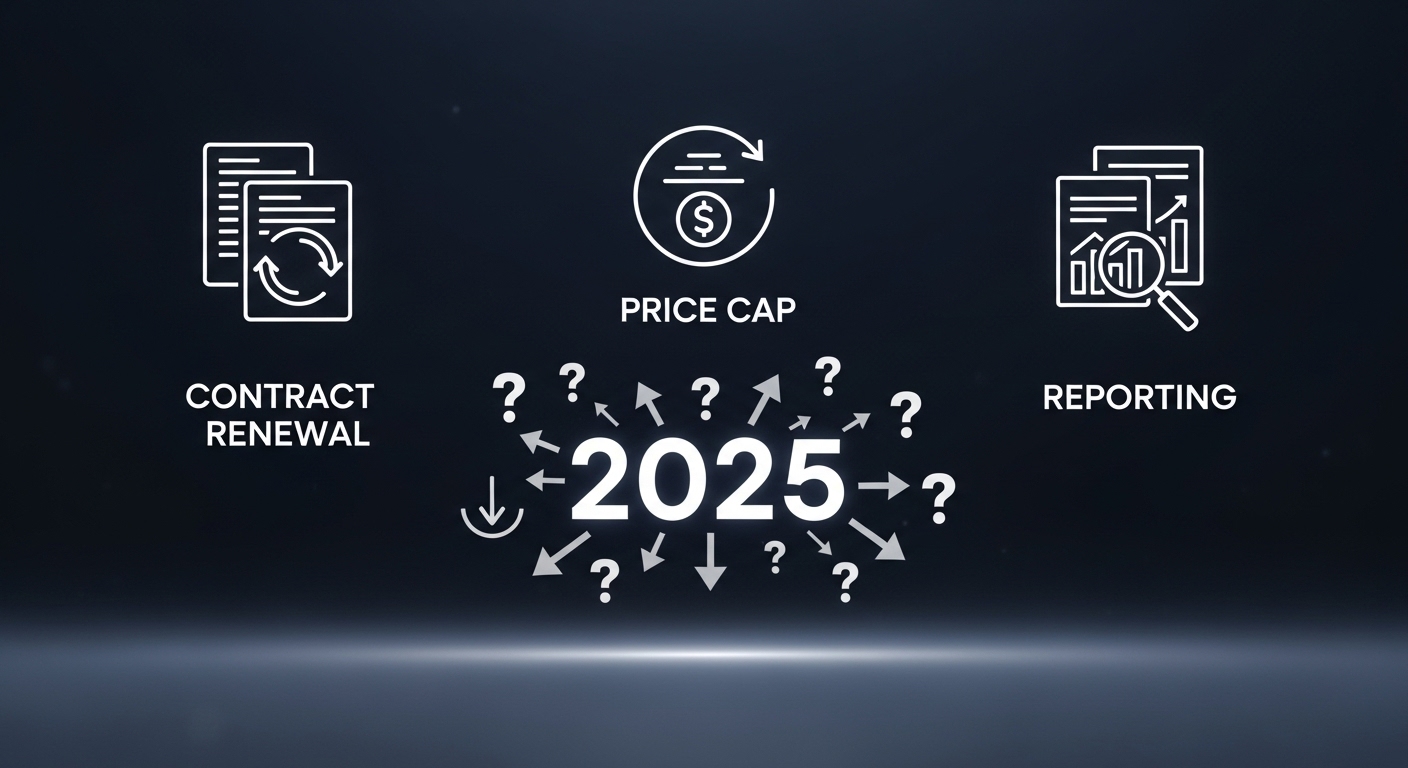 계약갱신청구권, 전월세상한제, 전월세신고제를 나타내는 아이콘과 함께 '2025년'이라는 숫자와 변화를 암시하는 물음표가 그려진 인포그래픽 이미지.