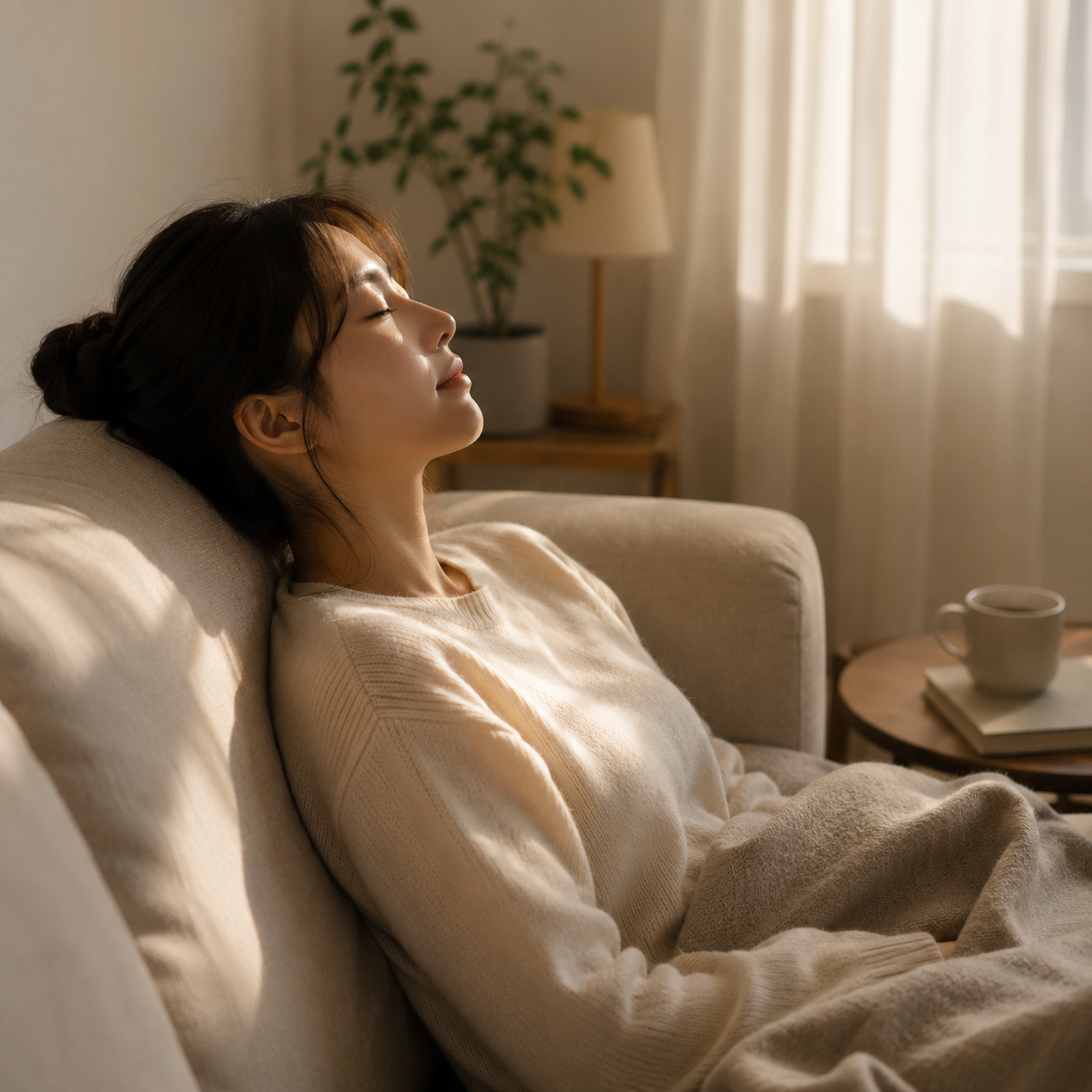 소파에 기대어 조용히 눈을 감고 있는 여성