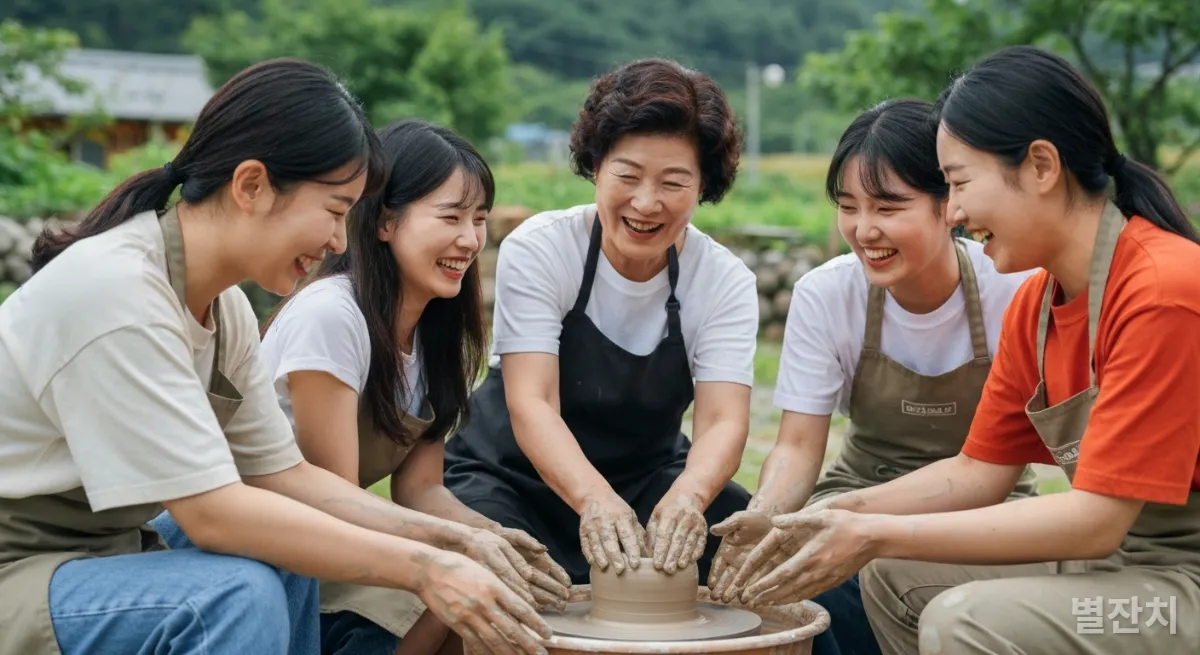 야외 도예 클래스에서 즐겁게 흙을 빚는 한국인 친구들