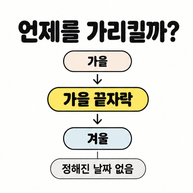가을에서 가을 끝자락을 거쳐 겨울로 이어지는 흐름과 정해진 날짜가 없음을 표시한 계절 도식