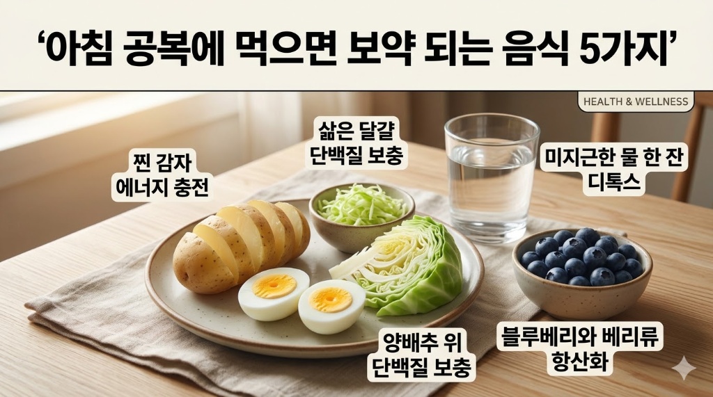 아침 공복에 좋은 음식 5가지: 미지근한 물, 양배추, 달걀, 감자, 블루베리