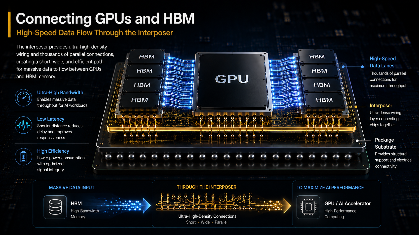 High-speed data transfer between GPU and HBM through an interposer