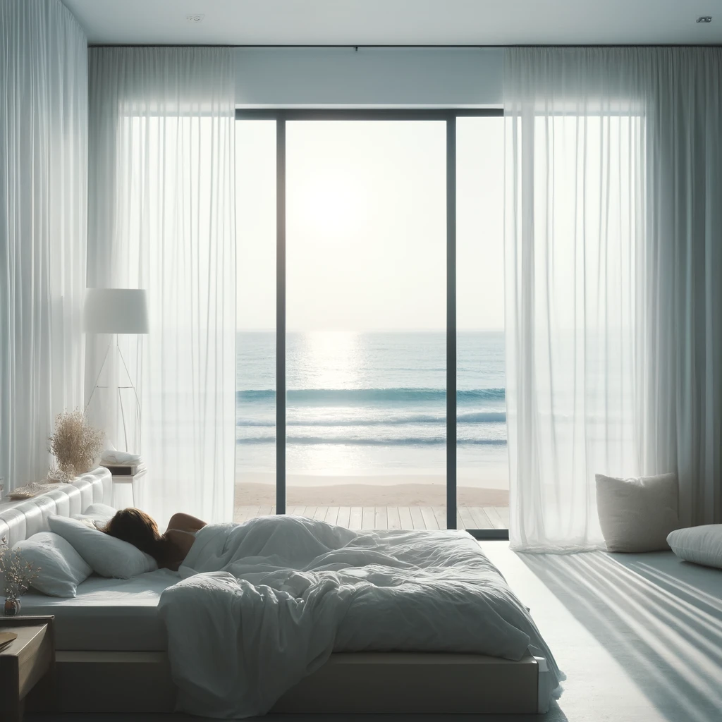 바닷가가 보이는 침실에서 수면을 취하는 여성사진