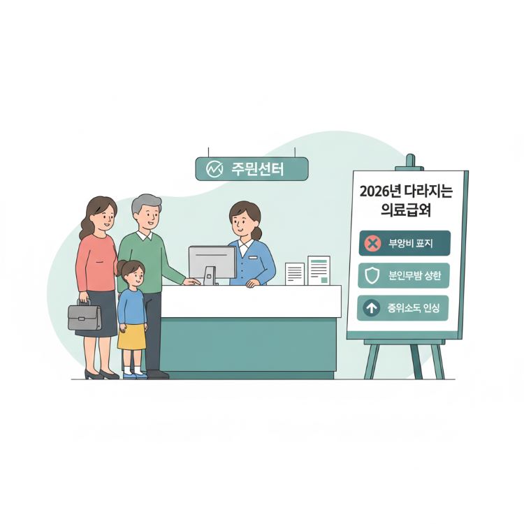 동사무소(주민센터) 창구에서 의료급여를 상담받는 저소득 가구의 모습. 한쪽에는 2026년 달라지는 의료급여(부양비 폐지, 본인부담 상한, 중위소득 인상)를 요약한 인포그래픽 패널이 서 있는 2D 플랫 일러스트