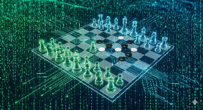 복잡한 디지털 코드 매트릭스 위로 체스 말이 놓여 있는 전략적 이미지