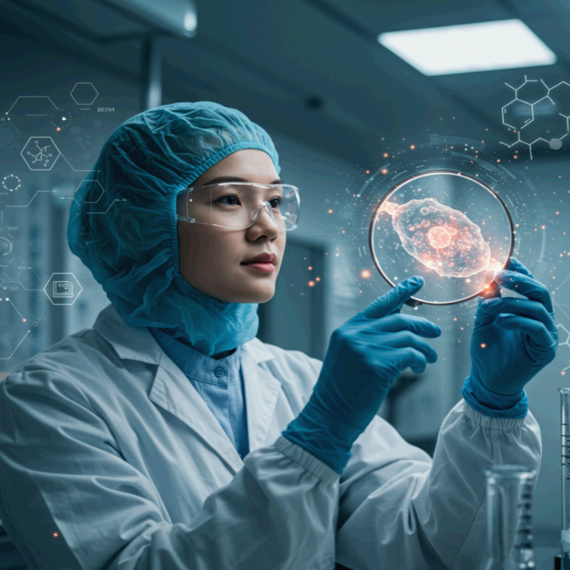 실험복과 보호 장비를 착용한 연구원이 세포 이미지를 분석하는 모습. 첨단 과학 연구와 생명공학의 혁신을 상징적으로 표현한 장면.