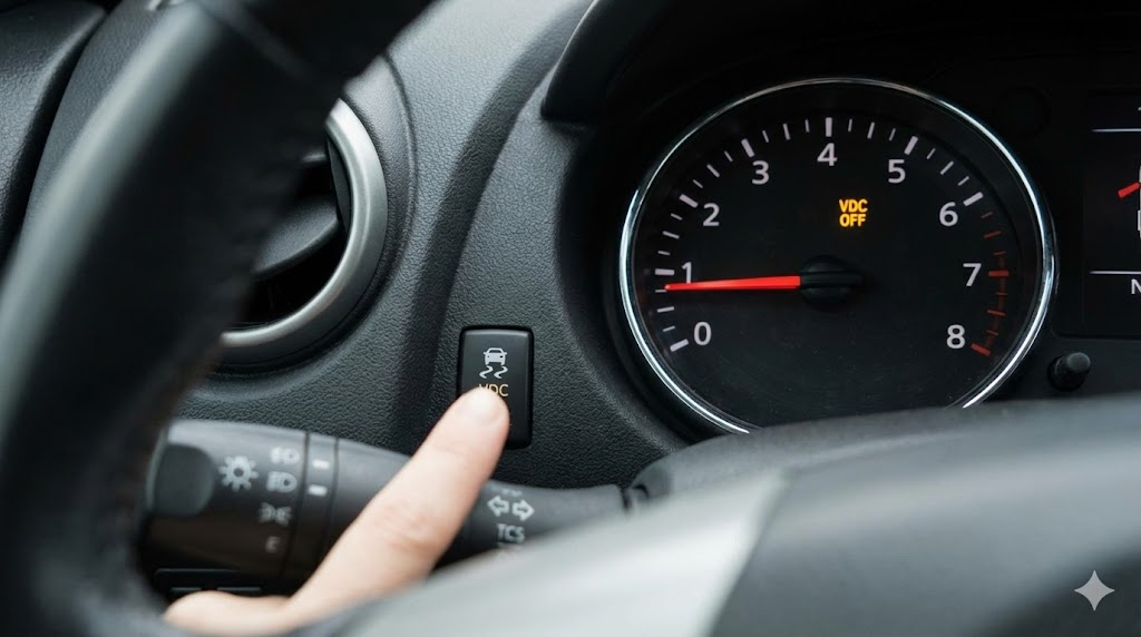 자동차 미끄러짐 방지 기능을 끄는 버튼 조작과 계기판 화면