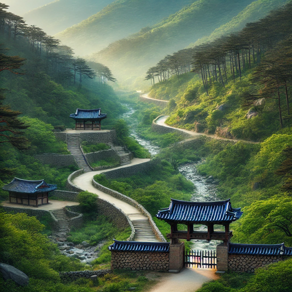 산속에 전통 가옥과 계곡에 따라 돌로만든 길이 있는 풍경